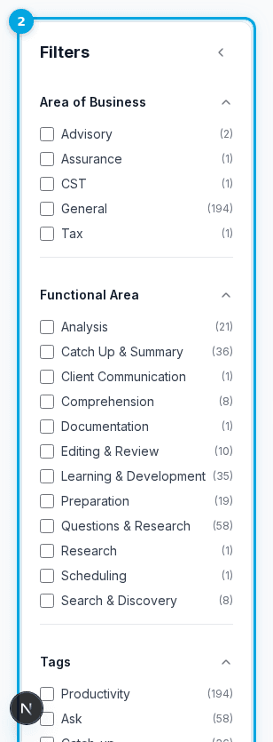 Filter panel with options